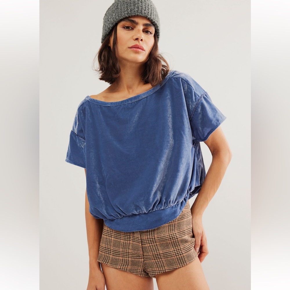 Free People We The Free Cloud 9 nine Velvet Top. NWT Size Large. Denim grey.…